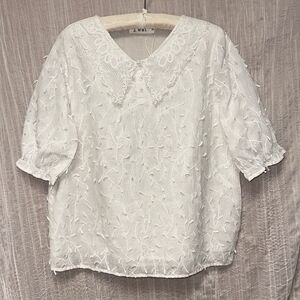 W & L M Cotton Blend White Preppy Lace Crochet Collared Short Sleeve Blouse